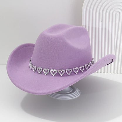 Rhinestone Heart-Shaped Denim Hat | Elegant French Jazz Fedora