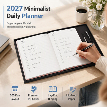 📅2027 Minimalist A5 Daily Planner – 365-Day Agenda with PU Cover, Lay-Flat Binding, and Writing-Friendly Paper