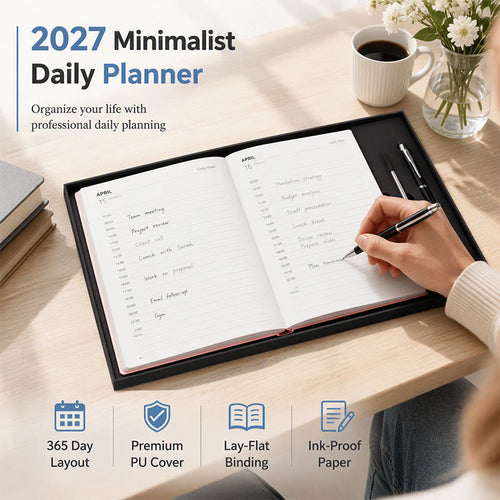 📅2027 Minimalist A5 Daily Planner – 365-Day Agenda with PU Cover, Lay-Flat Binding, and Writing-Friendly Paper