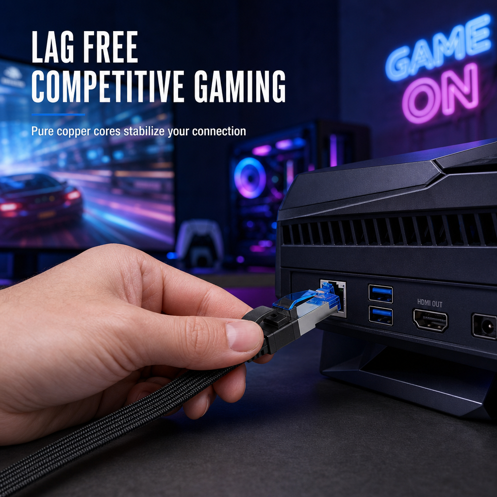 🔥Cat8 Flat Ethernet Cable 40Gbps Shielded Black Braided Network Cord with Oxygen-Free Copper and Blue Connectors