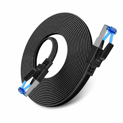 🔥Cat8 Flat Ethernet Cable 40Gbps Shielded Black Braided Network Cord with Oxygen-Free Copper and Blue Connectors