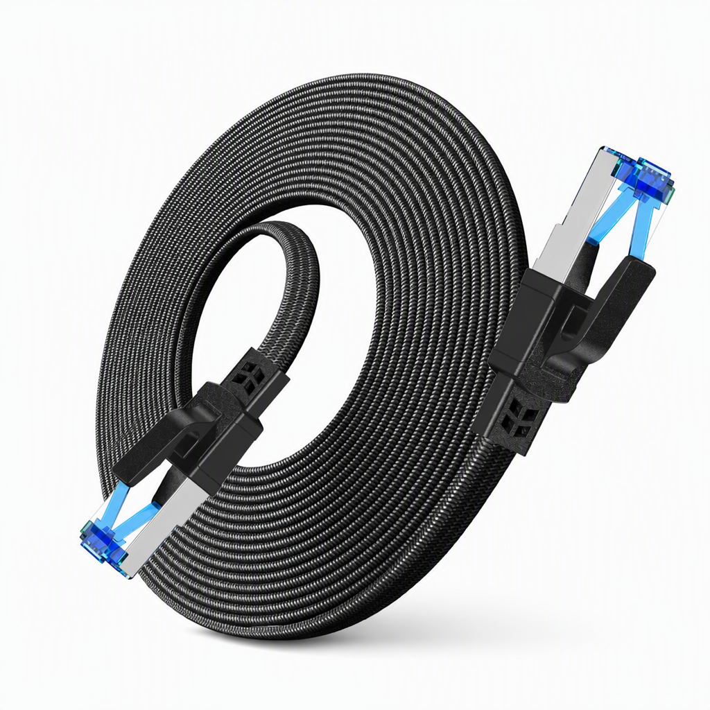 🔥Cat8 Flat Ethernet Cable 40Gbps Shielded Black Braided Network Cord with Oxygen-Free Copper and Blue Connectors