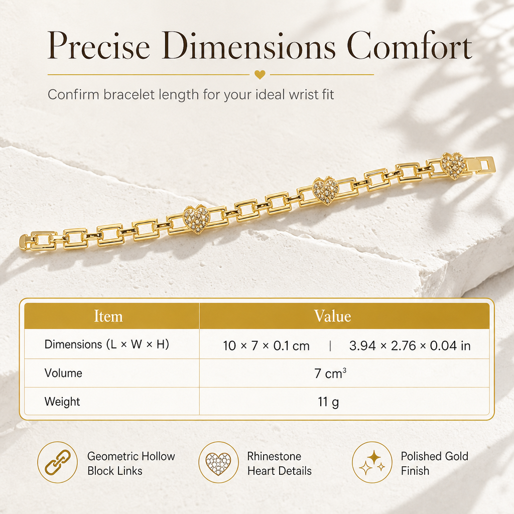 ✨ Gold Rhinestone Heart & Square Hollow Chain Bracelet – Hand-Set Rhinestone Hearts, Polished Gold Clasp & Lightweight Geometric Links – Parisian Elegance for Every Outfit 💛