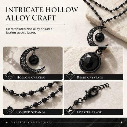 Gothic Dark Crystal Beaded Chain Necklace with Hollow Out Moon Alloy Pendant🖤🌙