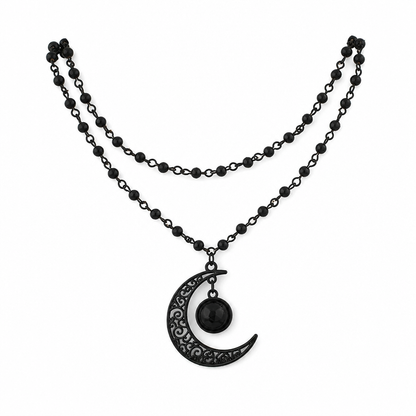 Gothic Dark Crystal Beaded Chain Necklace with Hollow Out Moon Alloy Pendant🖤🌙