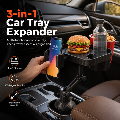 3 in 1 Multifunctional Car Cup Holder Phone Mount with Tray and Storage Organizer🚗📱🥤🍔