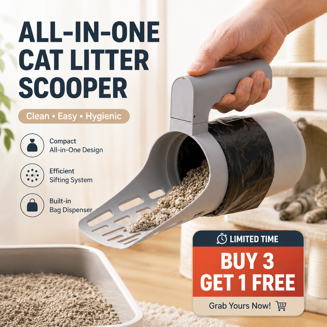 📢⏰ Self-Cleaning Litter Scoop with Waste Bin – Easy One-Handed Use 🧹🗑️